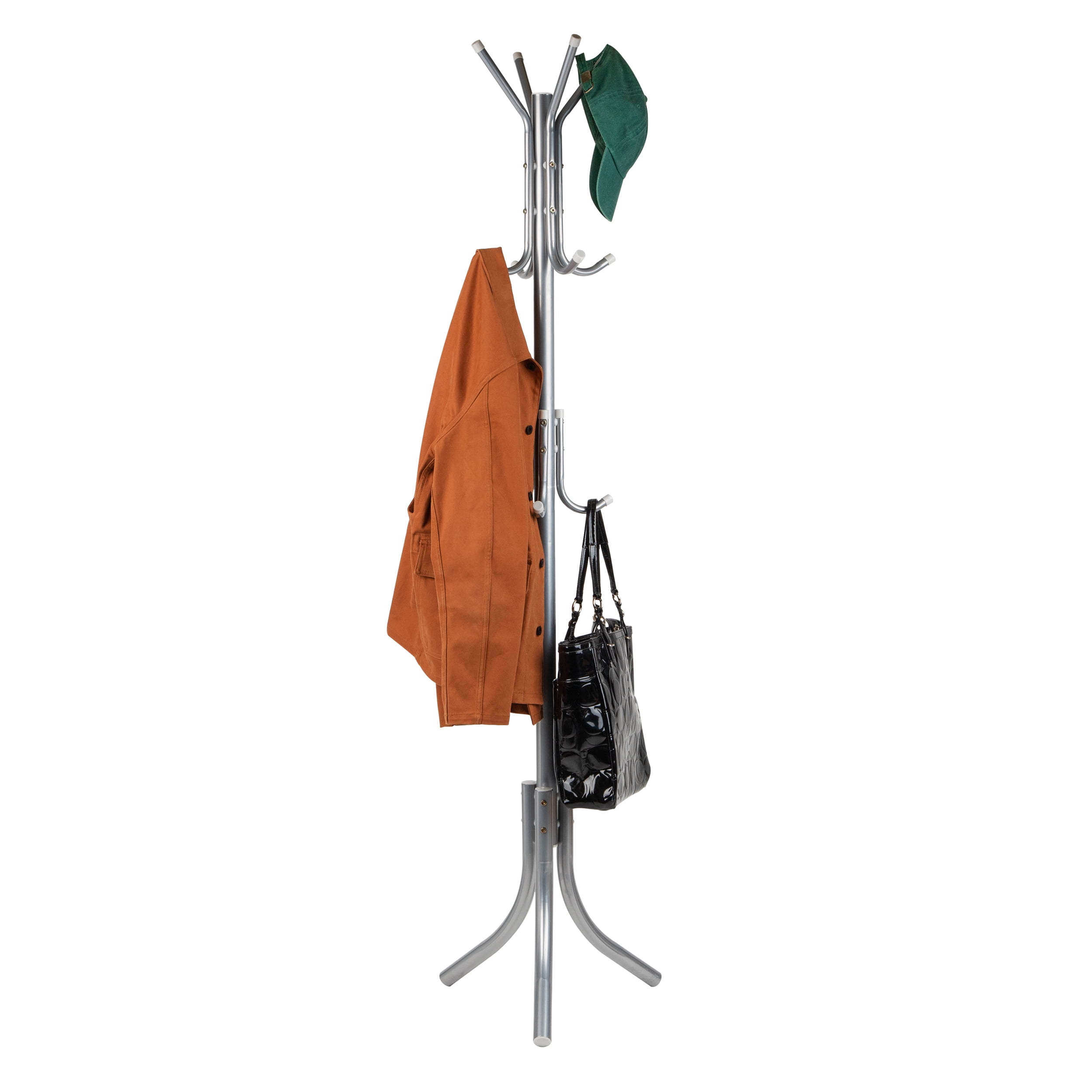 Mind Reader 11 Hooks Standing Coat Rack 3 Tier Suit and Coat Hanger Purse Hat Scarf and Umbrella Hall Tree Stand Silver