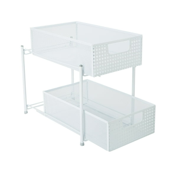 Mind Reader 2-Tier Metal Mesh Heavy Duty Organizer Slide Out Basket Drawer For Kitchen, Bathroom, Office Desk, White