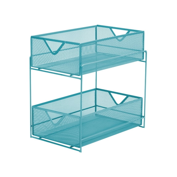 Mind Reader 2-Tier Metal Mesh Organizer, Slide Out Basket Drawer For Kitchen, Bathroom, Office Desk, Turquoise