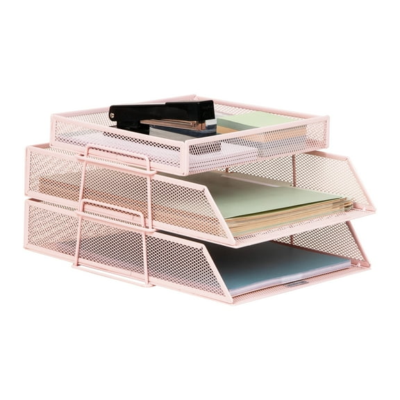 Mind Reader 2 Tier Paper Tray with Top Supply Compartment, Desktop File Organizer, Metal Mesh, Pink