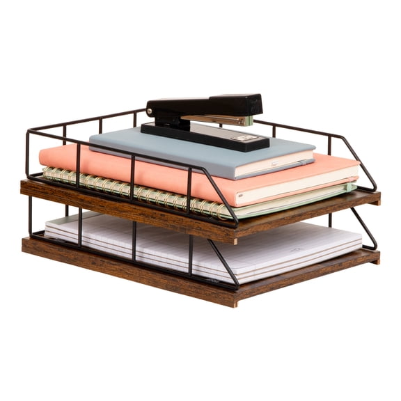 Mind Reader 2-Tier Rustic Letter Tray Organizer with Metal Frame, Wood Base for Desk or Office, Stackable, Metal and Wood, Black