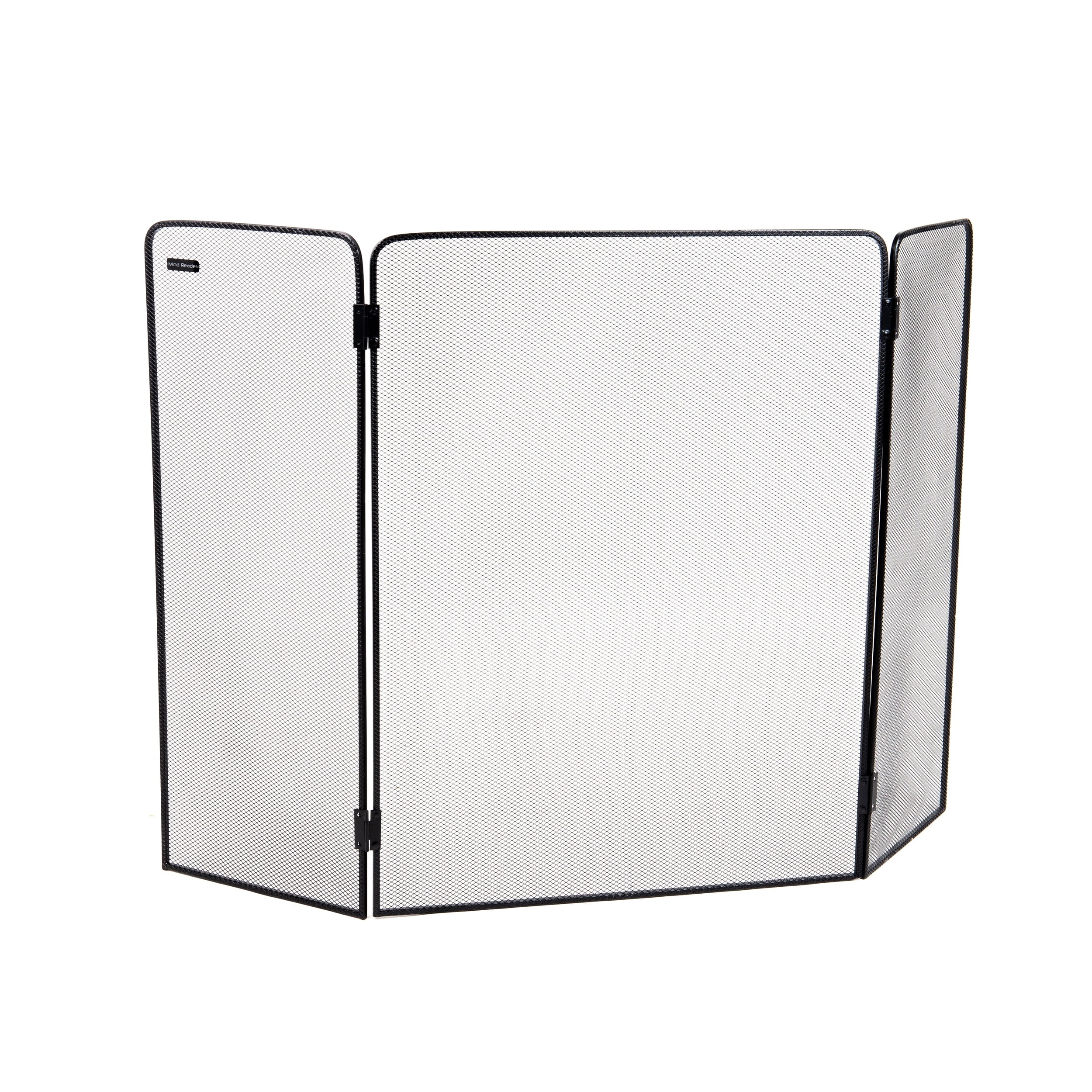Black Metal Mesh Three-Panel Folding Fireplace Screen with Door