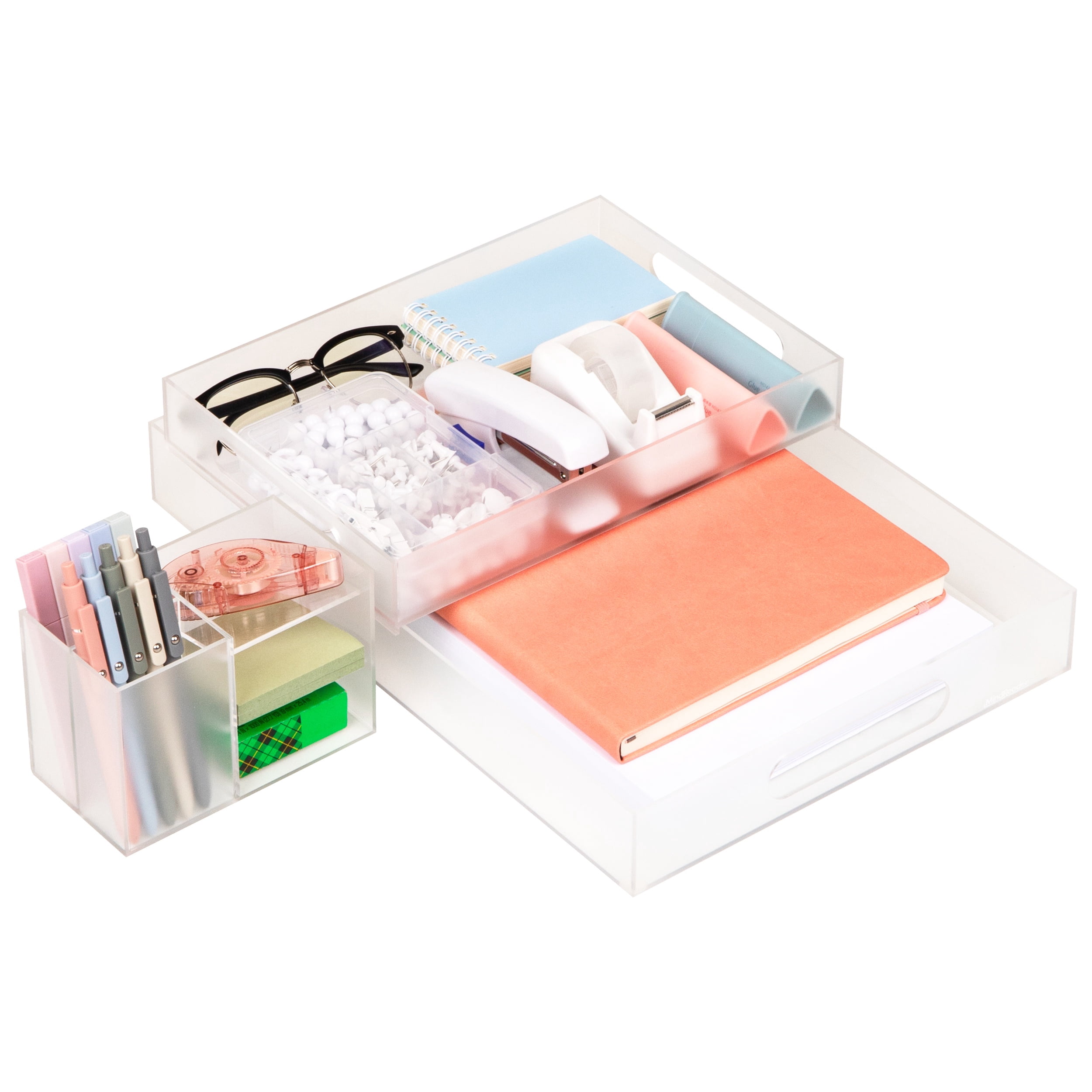 Mind Reader 3-Piece Acrylic Desktop Organizer Set, Frosted Clear Paper Tray, Accessory Tray, Pen and Supply Organizer