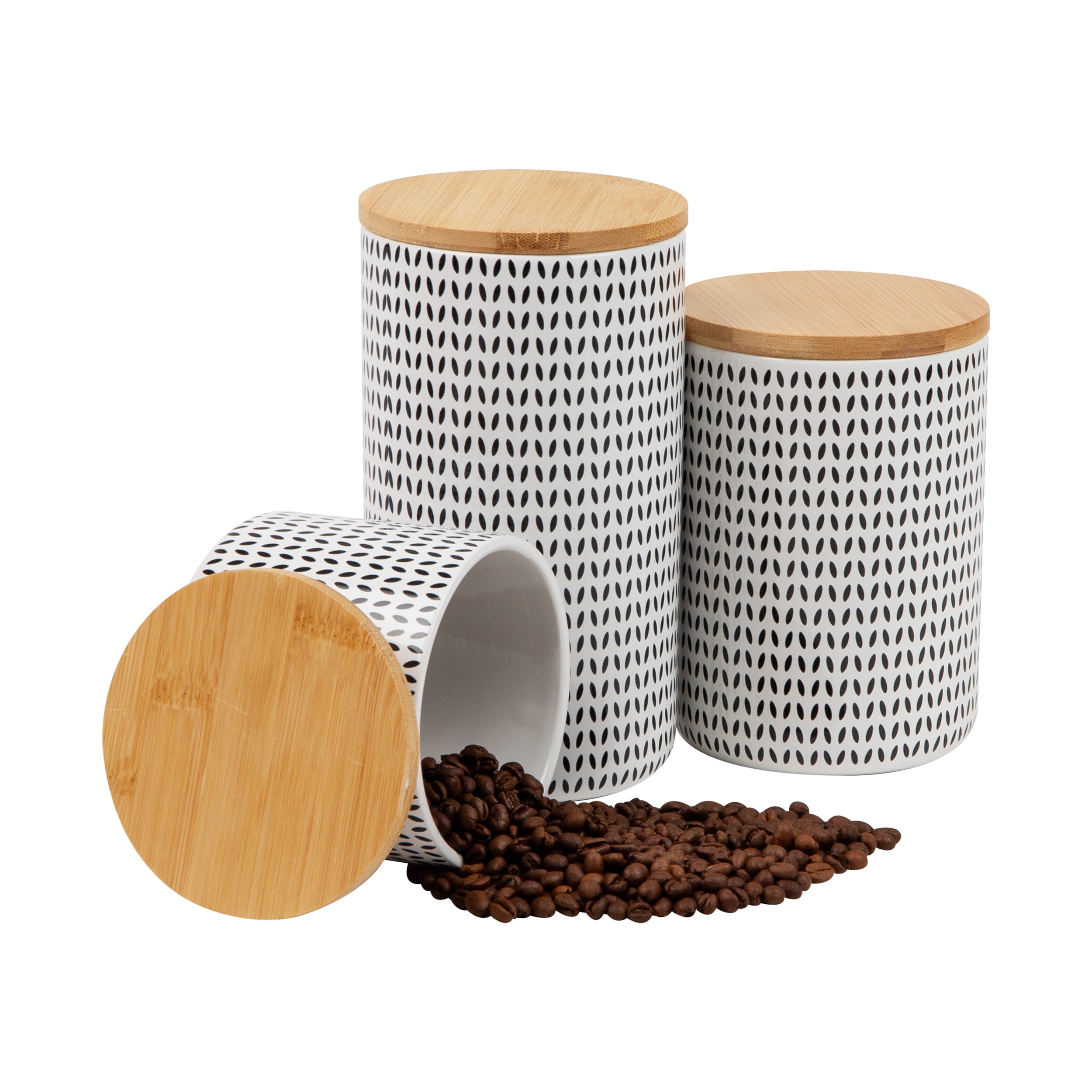 Scandinavian Ceramic Canister Set with Wooden Lids, Black and White