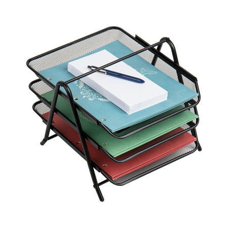 Mind Reader - 3-Tier Paper Tray, Desktop Organizer, File Storage, Workspace, Office, Metal Mesh, 11.5"L x 13.75"W x 10"H - Black