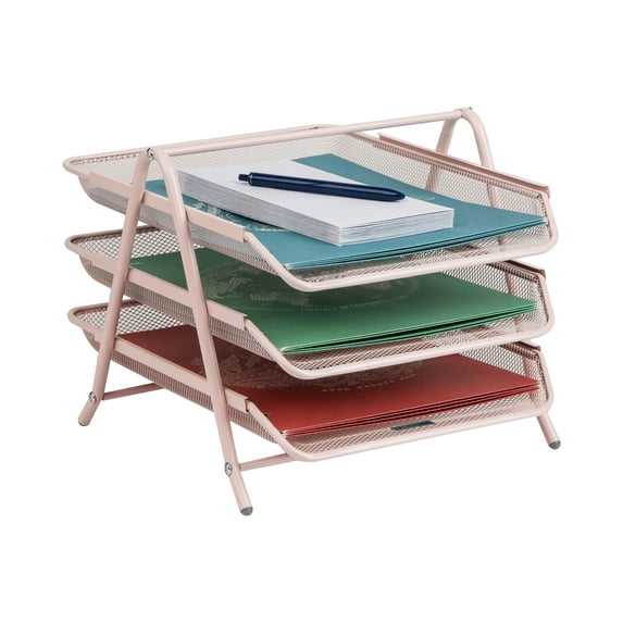 Mind Reader 3-Tier Paper Tray, Desktop Organizer, File Storage Metal, 11.5"L x 13.75"W x 10"H, Pink