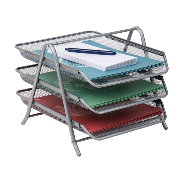 Mind Reader 3-Tier Paper Tray, Desktop Organizer File Storage Metal, 11.5"L x 13.75"W x 10"H, Silver
