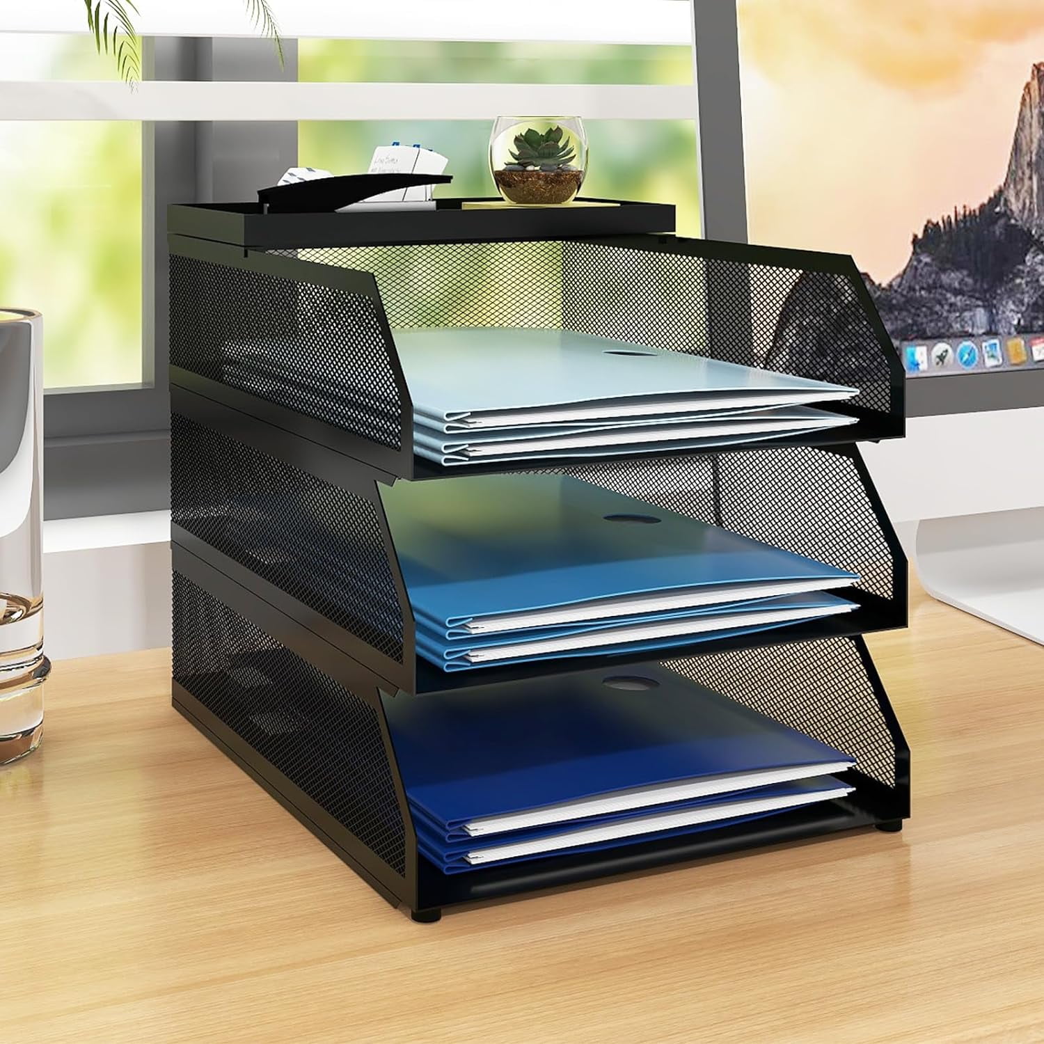 Mind Reader Metal Mesh Desk Organizer - 6 Compartment File Sorter With Side Bins, Blue (42.5x23.2x15.2 Cm)