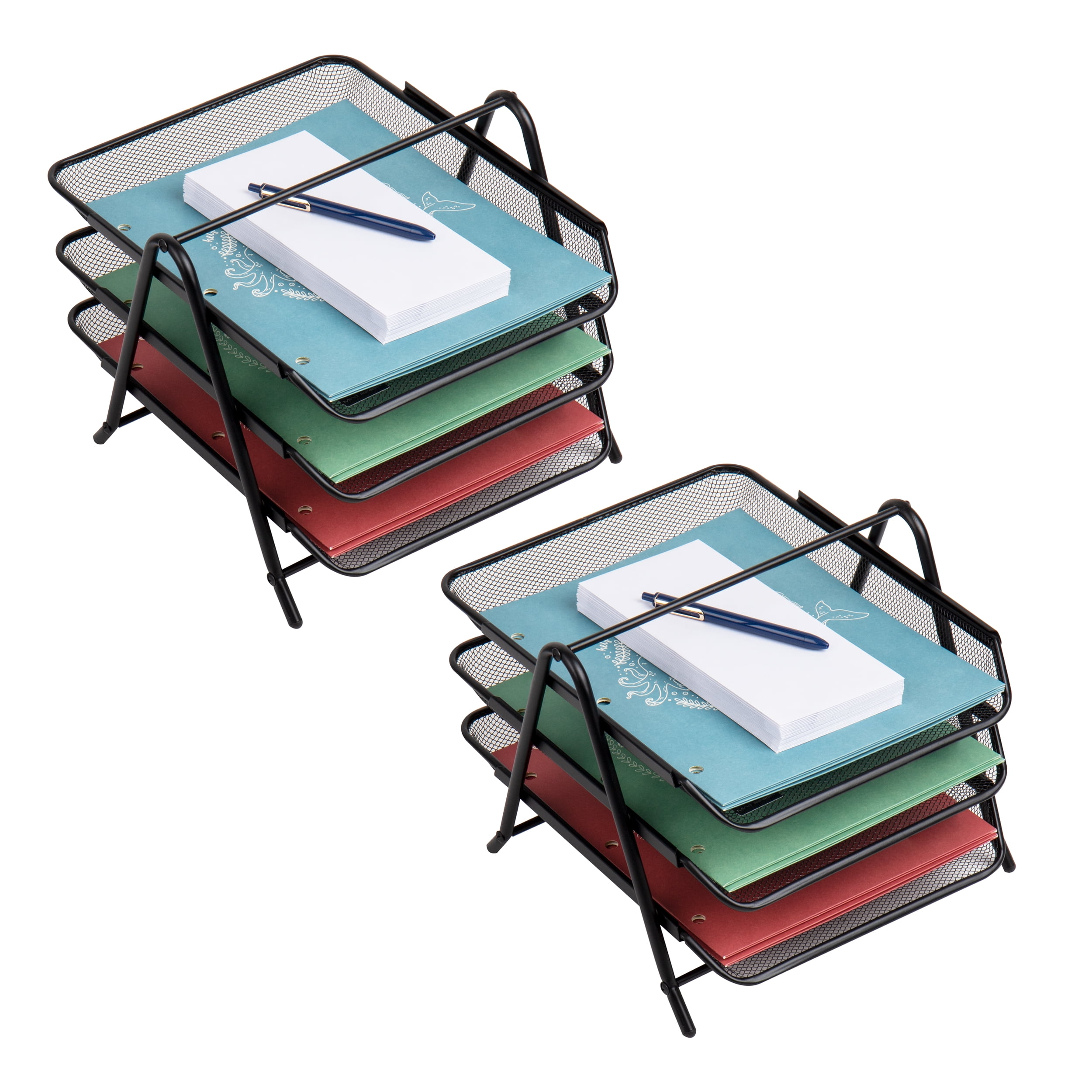 Black Metal Mesh 3-Tier Letter Tray Organizer, Set of 2