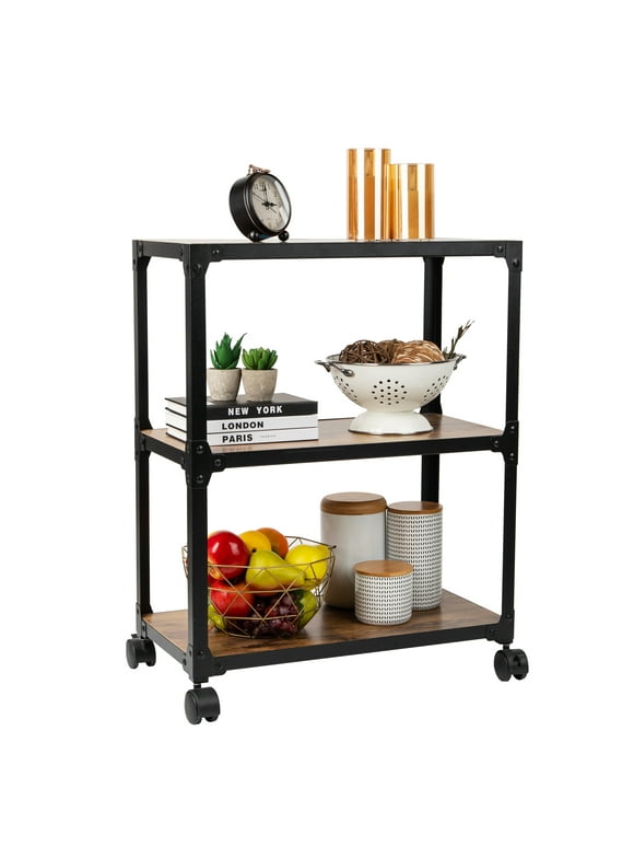 Mind Reader 3-Tier Rolling Bar Cart, Microwave Stand, Wood Metal, 23"L x 12"W x 29.5"H, Brown