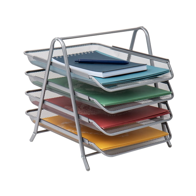 Mind Reader 4-Tier Paper Tray Organizer, Desktop File Sorter with Handle, Document Storage, Slide-Out Trays, Metal Mesh, Silver