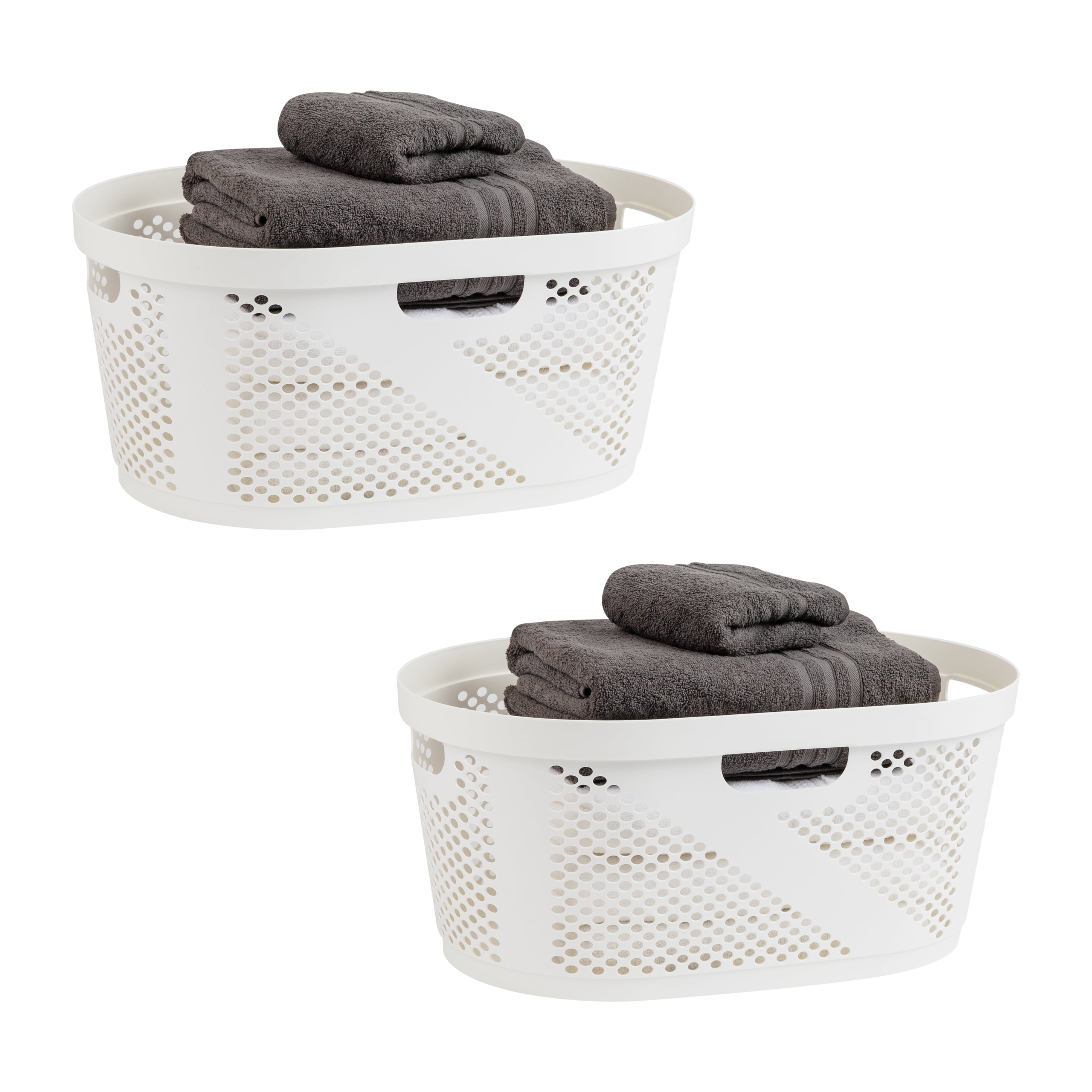 Mind Reader 40L Ventilated Laundry Baskets, Lightweight Clothes Hamper with Cutout Handles for Bathrooms and Closets, Plastic, Set of 2, White
