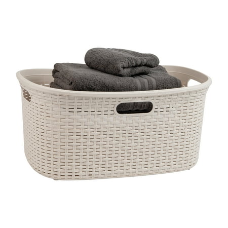 Mind Reader 40L Laundry Basket, Clothes Hamper, Lid, Wicker Design, Plastic, 23"L x 14.5"W x 11"H, Ivory