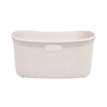 Mind Reader 40L Laundry Basket, Clothes Hamper, Lid, Wicker Design, Plastic, 23"L x 14.5"W x 11"H, Ivory