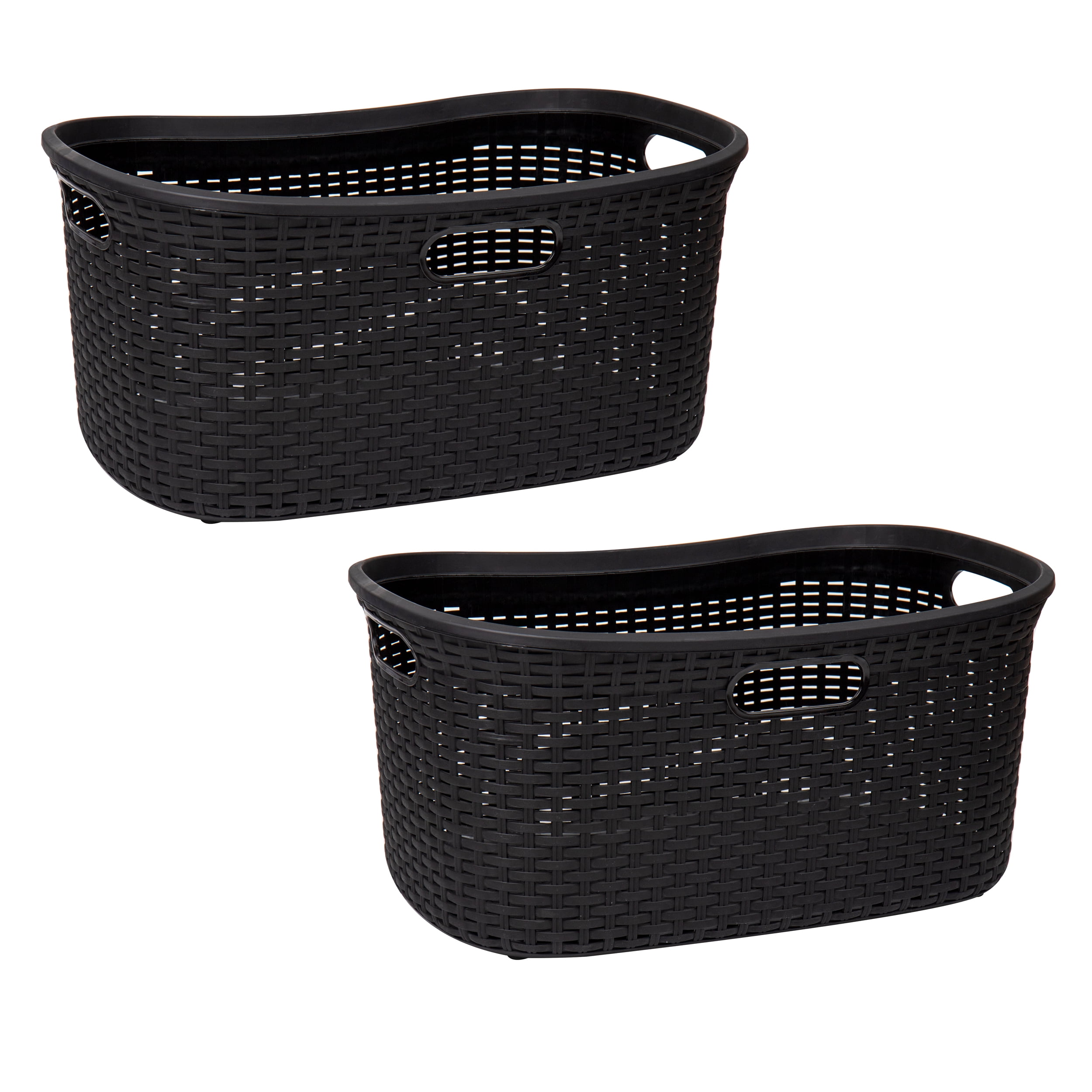 Mind Reader 40L Laundry Basket, Clothes Hamper, Lid, Wicker Design, Plastic, Set of 2, Black