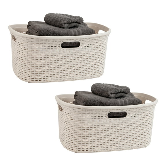 Mind Reader 40L Laundry Basket, Clothes Hamper, Lid, Wicker Design, Plastic, 23"L x 14.5"W x 11"H, Set of 2, Ivory