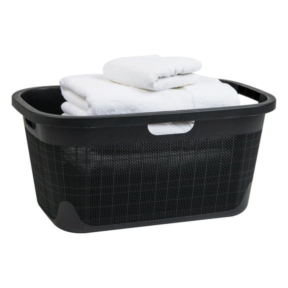 Mind Reader 40L Laundry Basket, Clothes Hamper, Linen Design, 23.25”L x 15.25”W x 11”H, Black