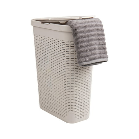 Mind Reader 40L Slim Laundry Hamper, Clothes Basket, Lid, Wicker Design, Plastic, 18"L x 10.4"W x 23.5"H, Ivory