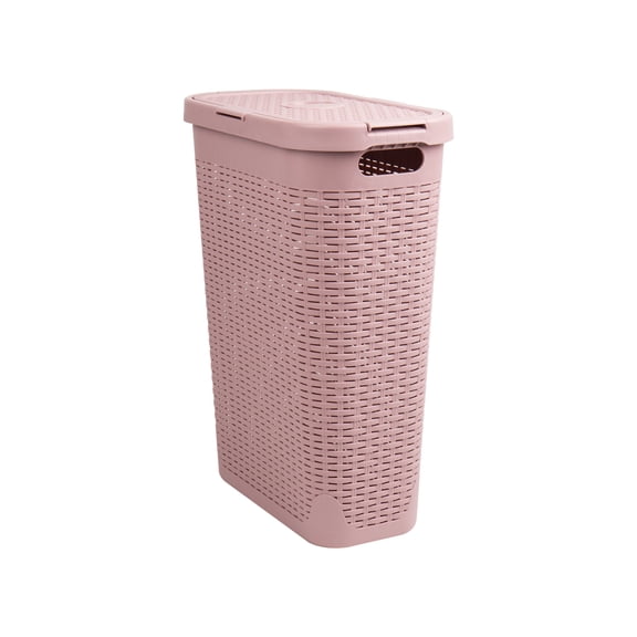 Mind Reader 40L Slim Laundry Hamper, Clothes Basket, Lid, Wicker Design, Plastic, 18"L x 10.4"W x 23.5"H, Pink