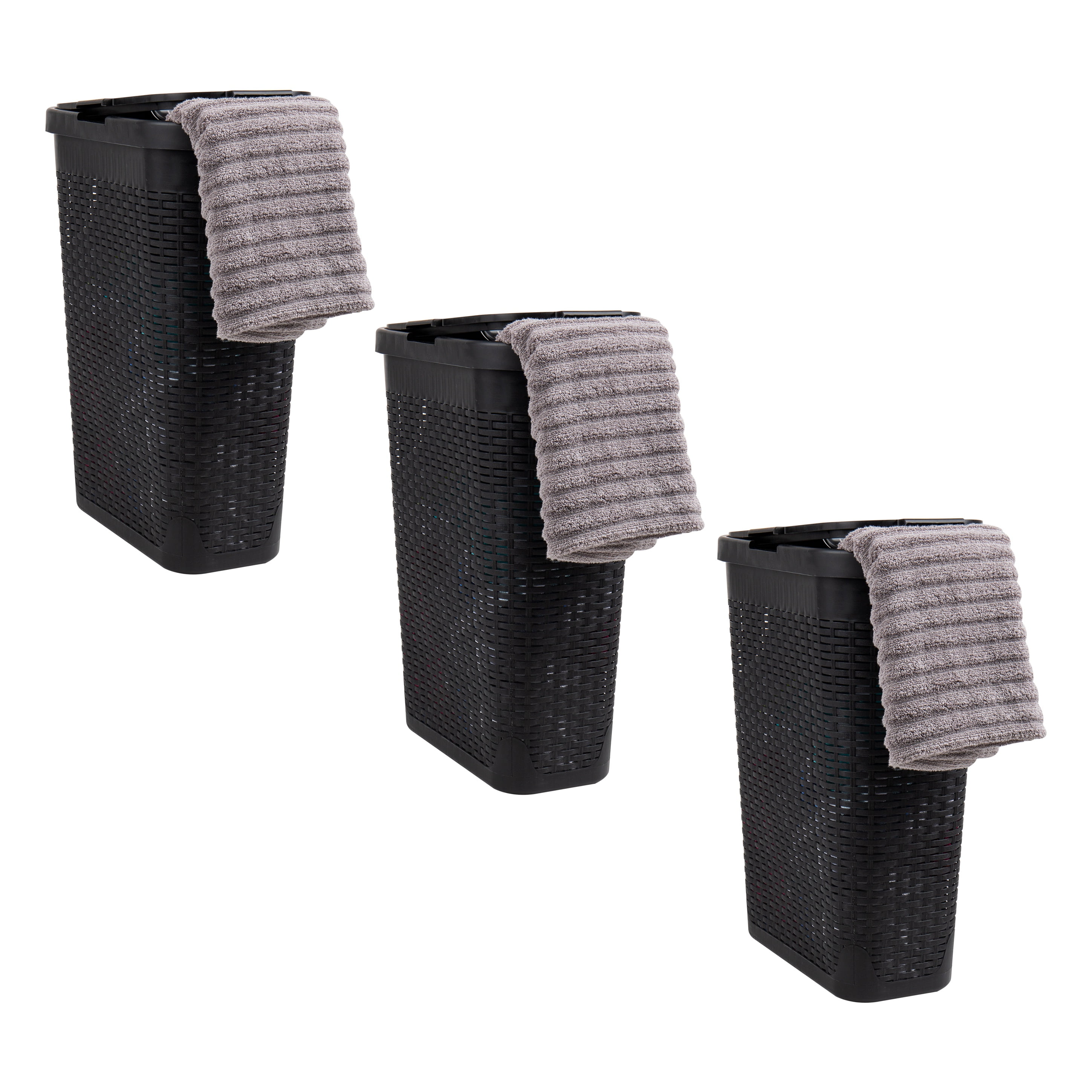 Mind Reader 40L Slim Laundry Hamper, Clothes Basket, Lid, Wicker Design, Plastic, 18"L x 10.4"W x 23.5"H, Set of 3, Black