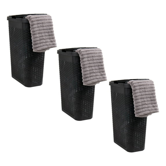 Mind Reader 40L Slim Laundry Hamper, Clothes Basket, Lid, Wicker Design, Plastic, 18"L x 10.4"W x 23.5"H, Set of 3, Black