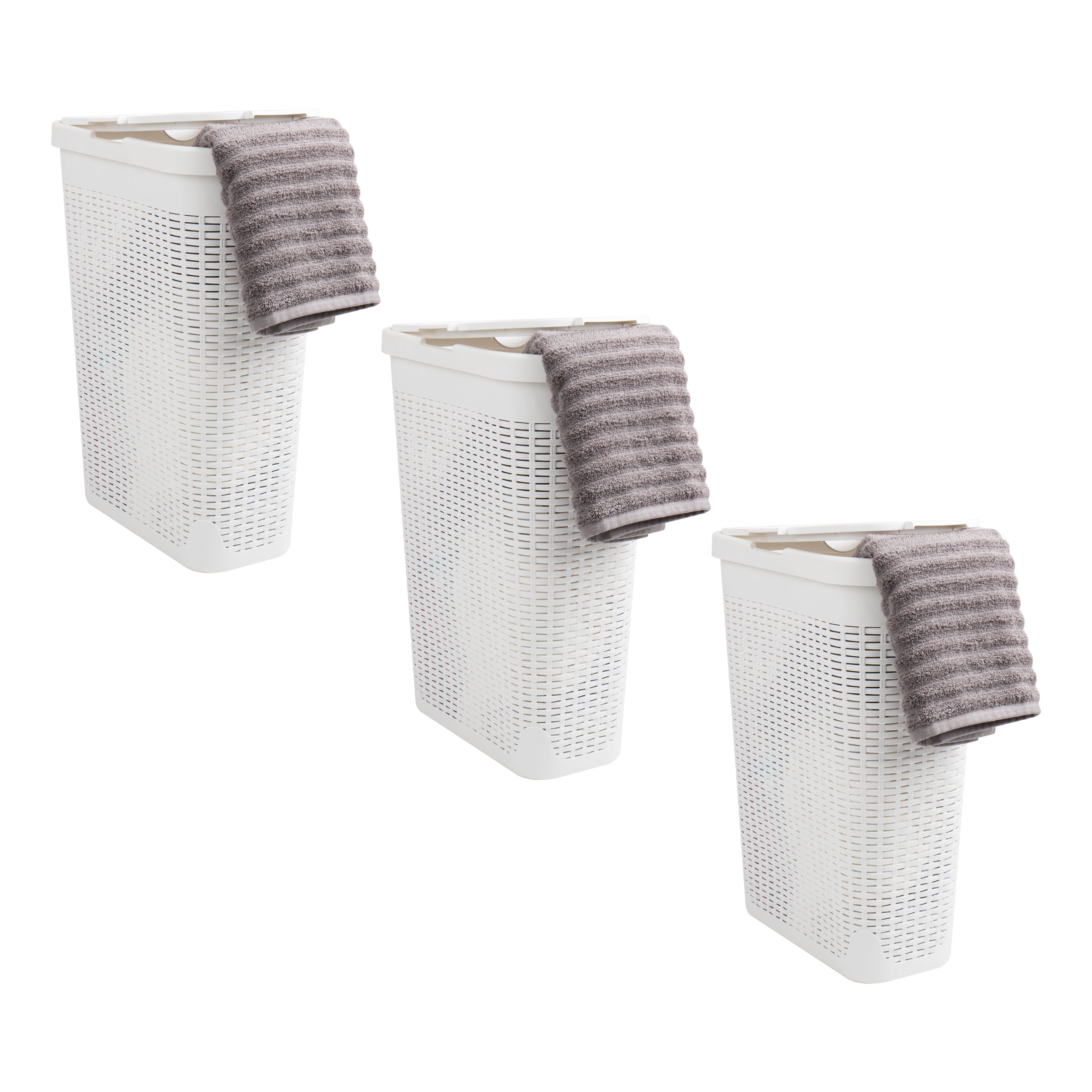 Mind Reader 40L Slim Laundry Hamper, Clothes Basket, Lid, Wicker Design, Plastic, 18"L x 10.4"W x 23.5"H, Set of 3, White