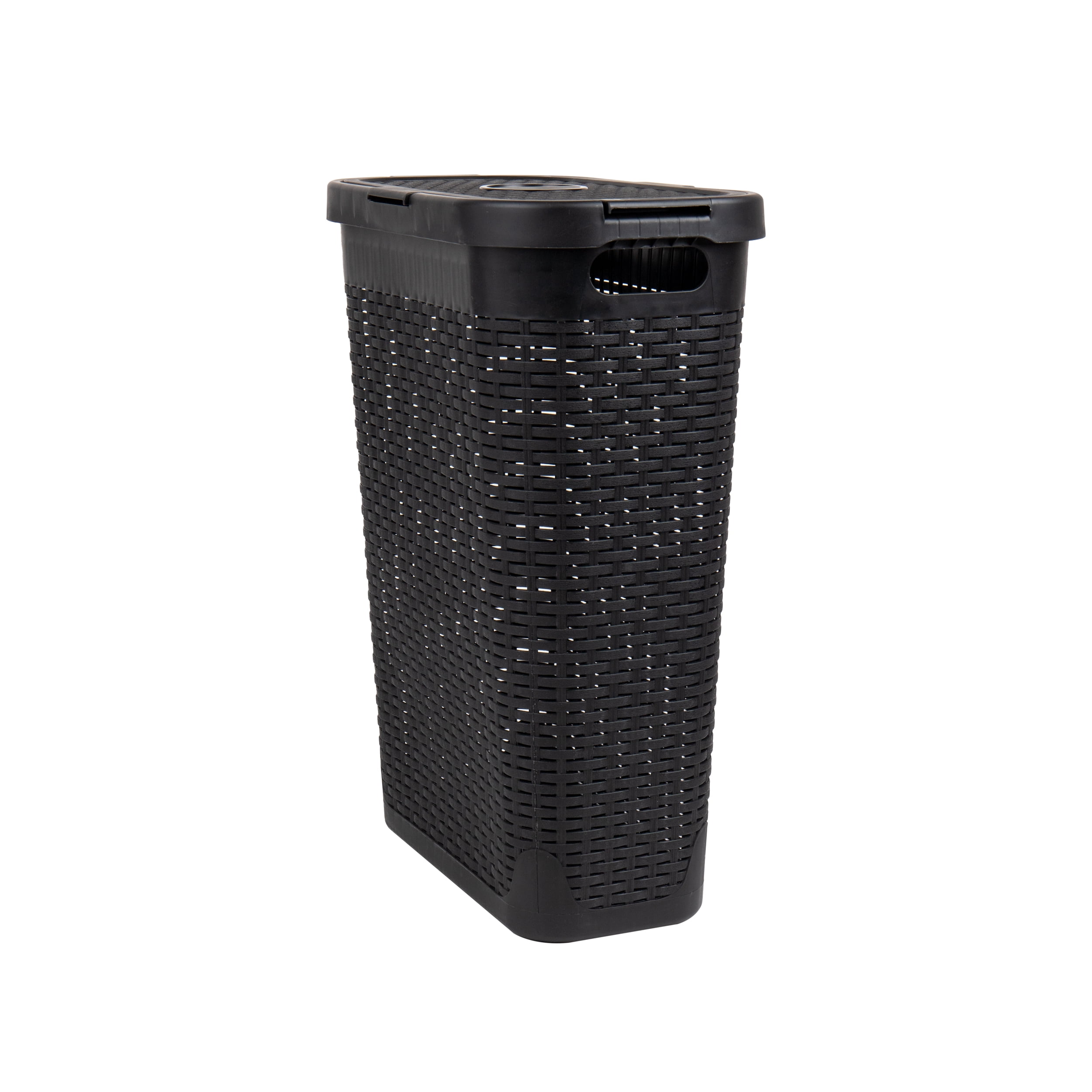 Mind Reader 40L Slim Laundry Hamper, Lid, Wicker Design, Plastic, 18"L x 10.4"W x 23.5"H Adult, Black