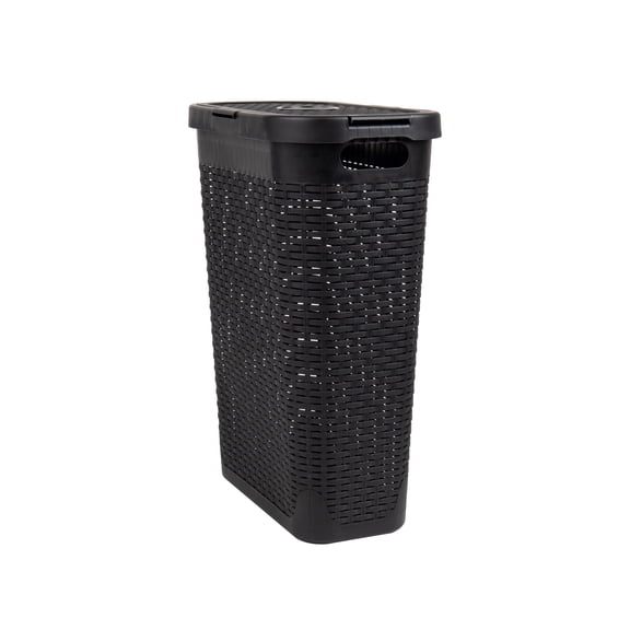 Mind Reader 40L Slim Laundry Hamper, Lid, Wicker Design, Plastic, 18"L x 10.4"W x 23.5"H Adult, Black