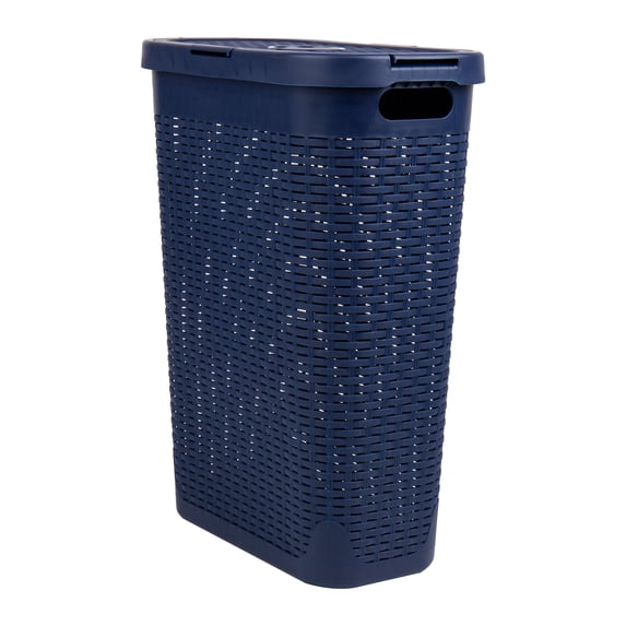Mind Reader 40L Slim Laundry Hamper, Lid, Wicker Design, Plastic, 18"L x 10.4"W x 23.5"H Adult, Navy