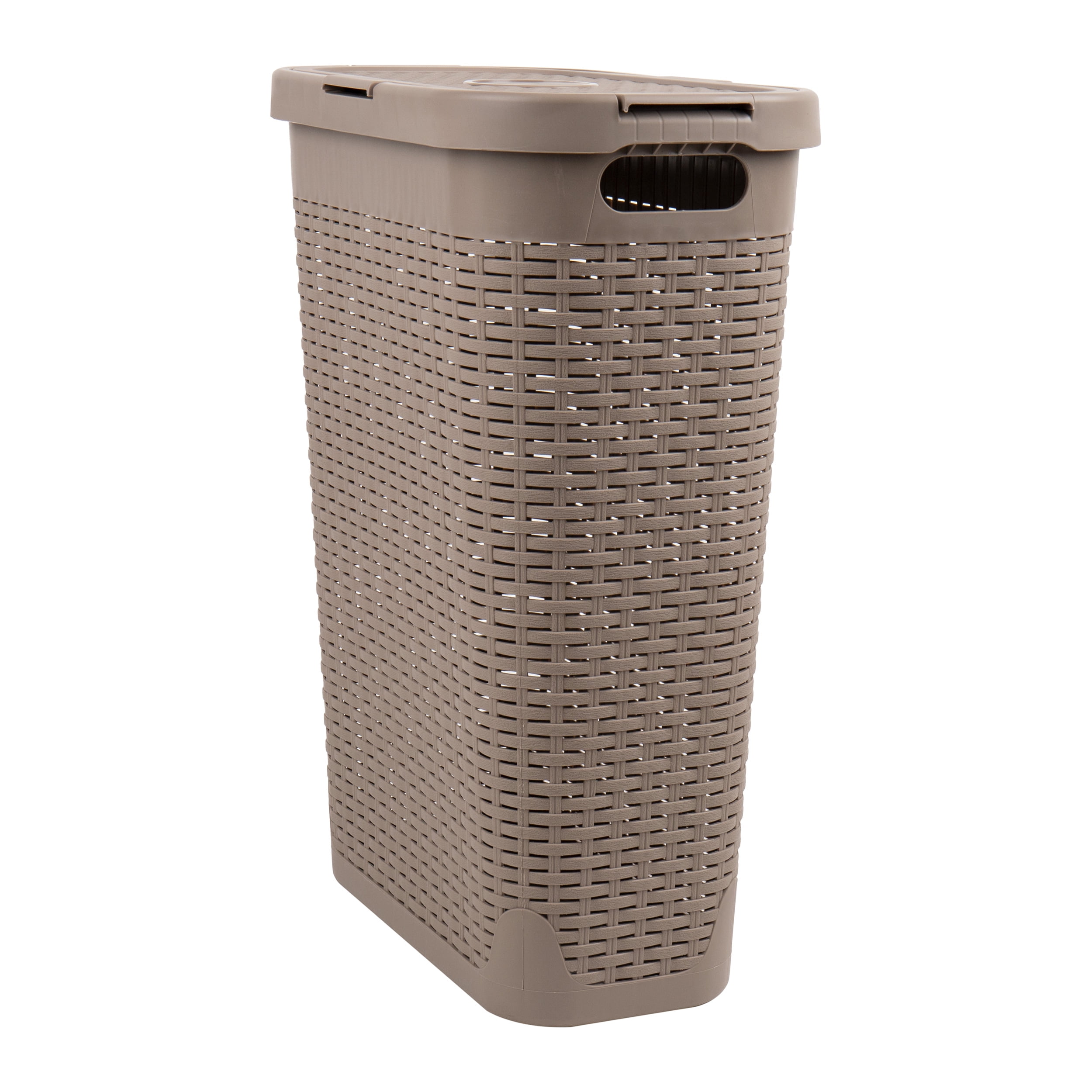 Mind Reader Slim Laundry Hamper with Lid,  40L Clothes Basket, Narrow Tapered Design with Ventilated Cutout Pattern, Plastic, Tan
