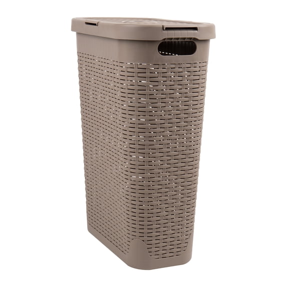 Mind Reader Slim Laundry Hamper with Lid, 40L Clothes Basket, Narrow Tapered Design with Ventilated Cutout Pattern, Plastic, Tan