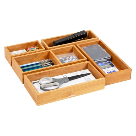 Mind Reader 5-Piece Bamboo Drawer Organizer Set, Stackable Storage Trays for Kitchen, Bathroom, Office, Rayon from Bamboo, Brown