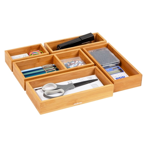 Open Box Mind Reader 5-Piece Bamboo Drawer Organizer Set, Stackable Storage Trays for Kitchen, Bathroom, Office, Rayon from Bamboo, Brown