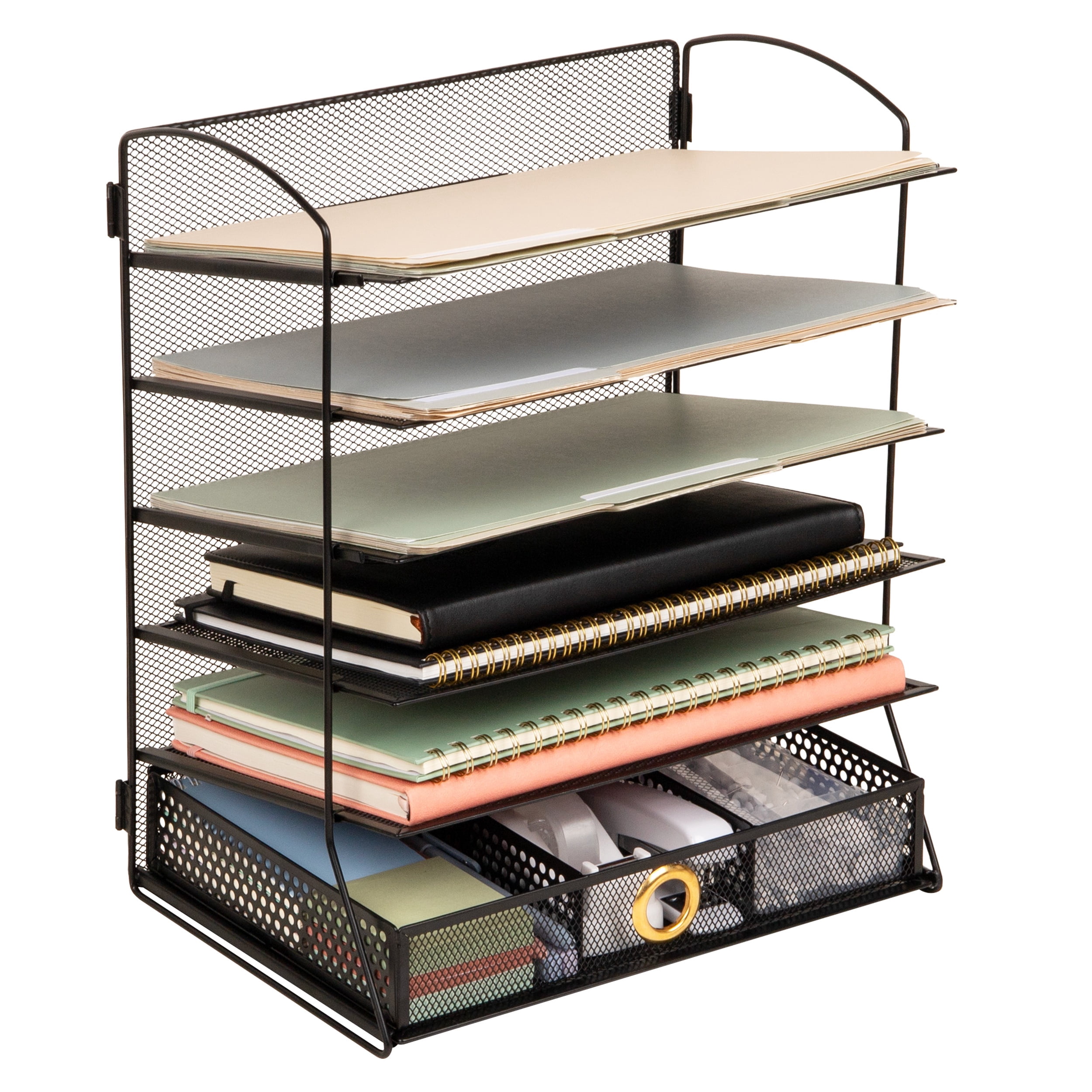 Mind Reader 5 Tier Metal Mesh Desk Organizer with Sliding Trays and Drawer in Black