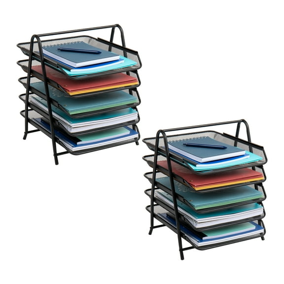 Mind Reader 5-Tier Paper Tray, Desktop Organizer, File Storage, Office, Metal Mesh, Set of 2, Black