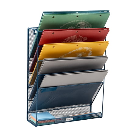 Mind Reader 5-Tier Vertical File Storage, Desktop Organizer, Wall Mount, 12.75"L x 4"W x 16"H, Turquoise