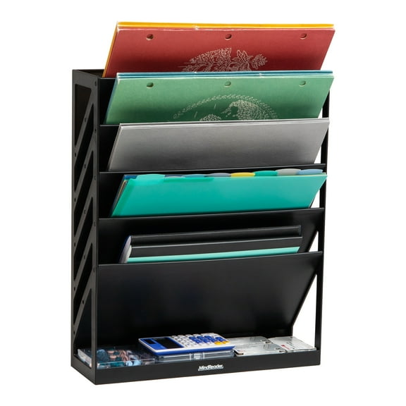 Mind Reader 5-Tier Vertical File Storage, Desktop Organizer, Wall Mount, Office, Plastic, 13"L x 4.25"W x 16"H, Black