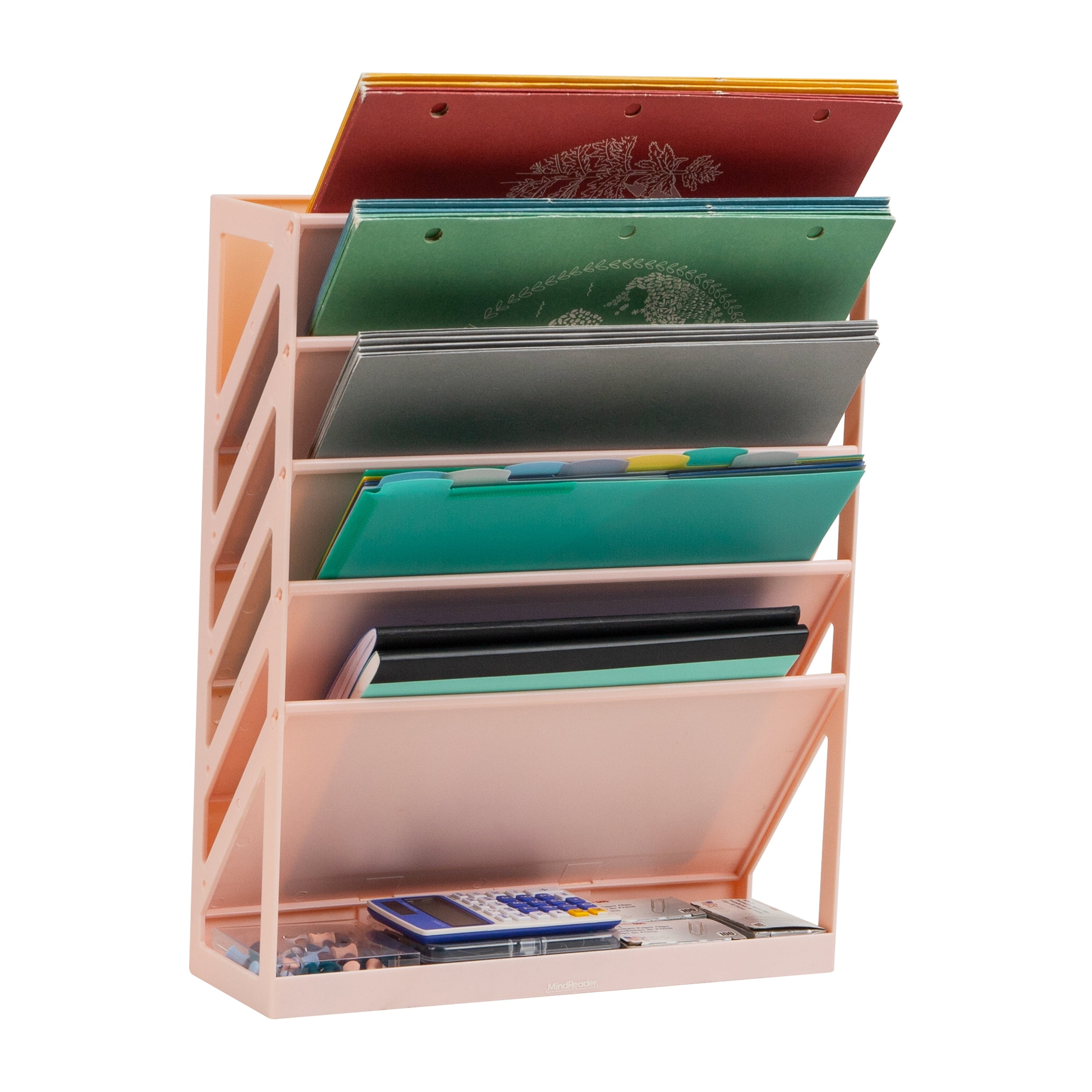 Mind Reader 5-Tier Vertical File Storage, Desktop Organizer, Wall Mount, Office, Plastic, 13"L x 4.25"W x 16"H, Pink