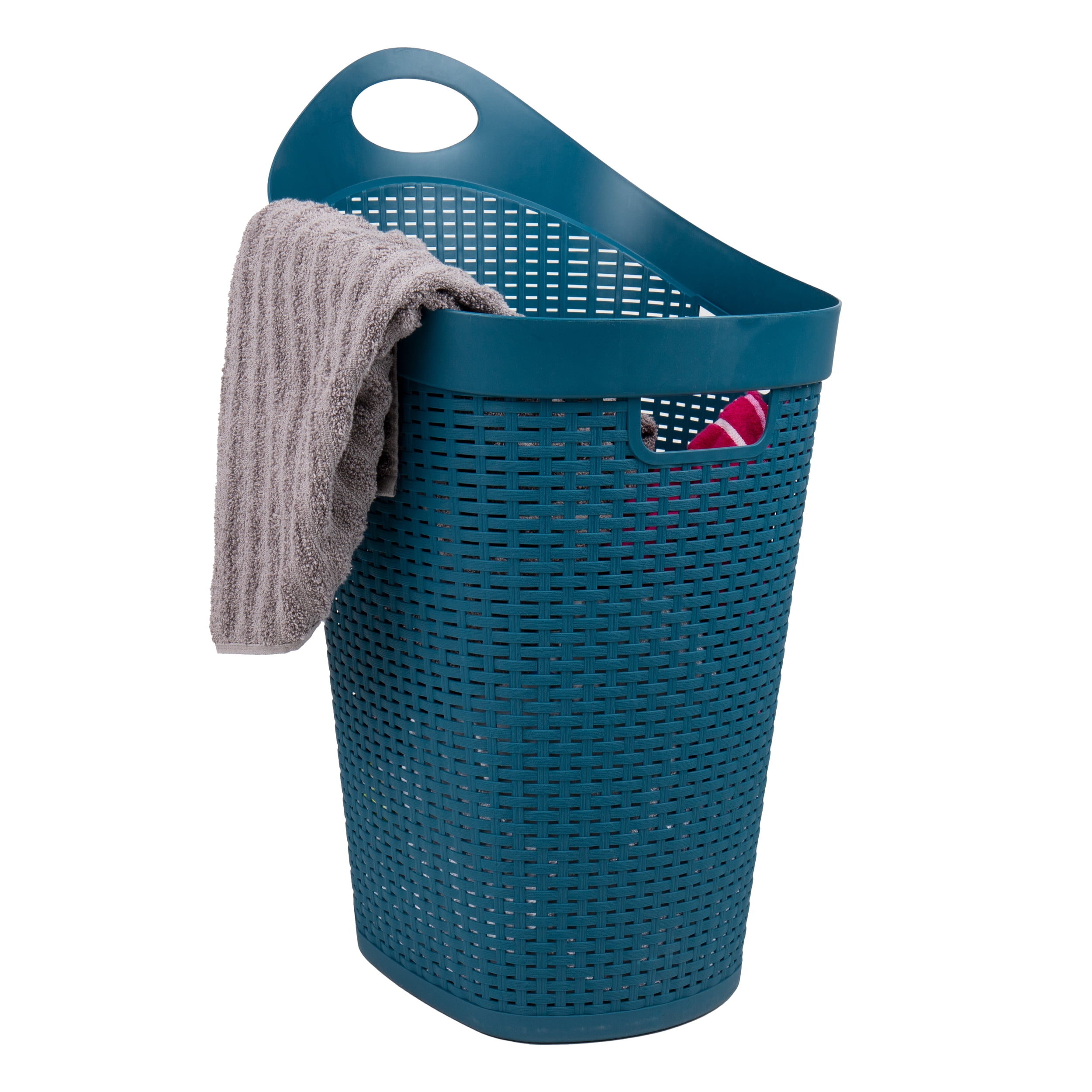 Mind Reader 60L Rolling Laundry Hamper, Clothes Basket, Lid, Wheels, Wicker Style, Plastic, 19.5"L x 14.75"W x 29.25"H, Blue
