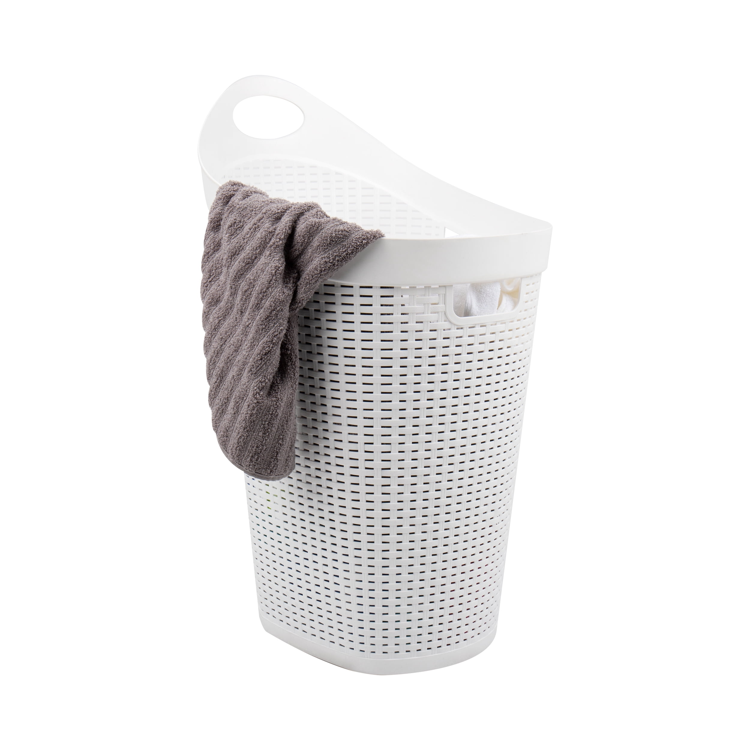 Mind Reader 60L Rolling Laundry Hamper, Clothes Basket, Lid, Wheels, Wicker Style, Plastic, 19.5"L x 14.75"W x 29.25"H, White