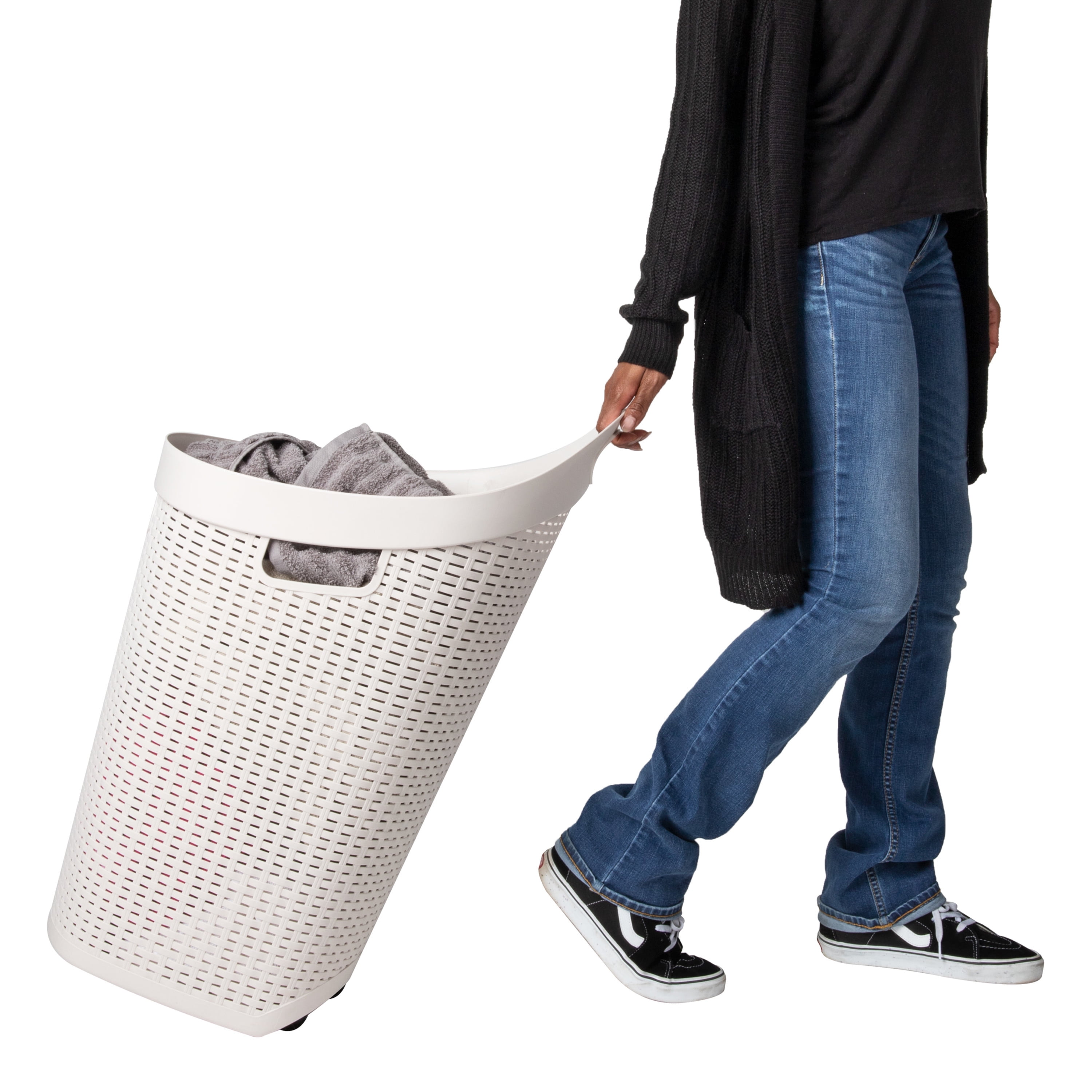 Ivory Wicker-look Plastic Upright Laundry Hamper with Wheels
