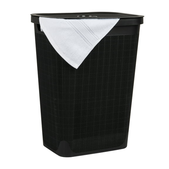 Mind Reader 60L Slim Laundry Hamper, Clothes Basket, Lid, Linen Design, Plastic, Black