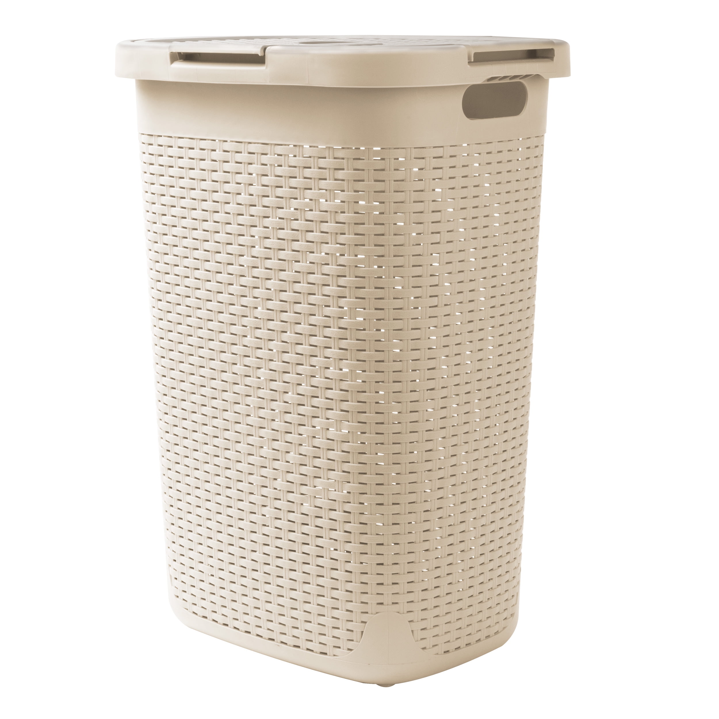 Ivory Plastic Wicker Collapsible Laundry Hamper with Wheels and Lid