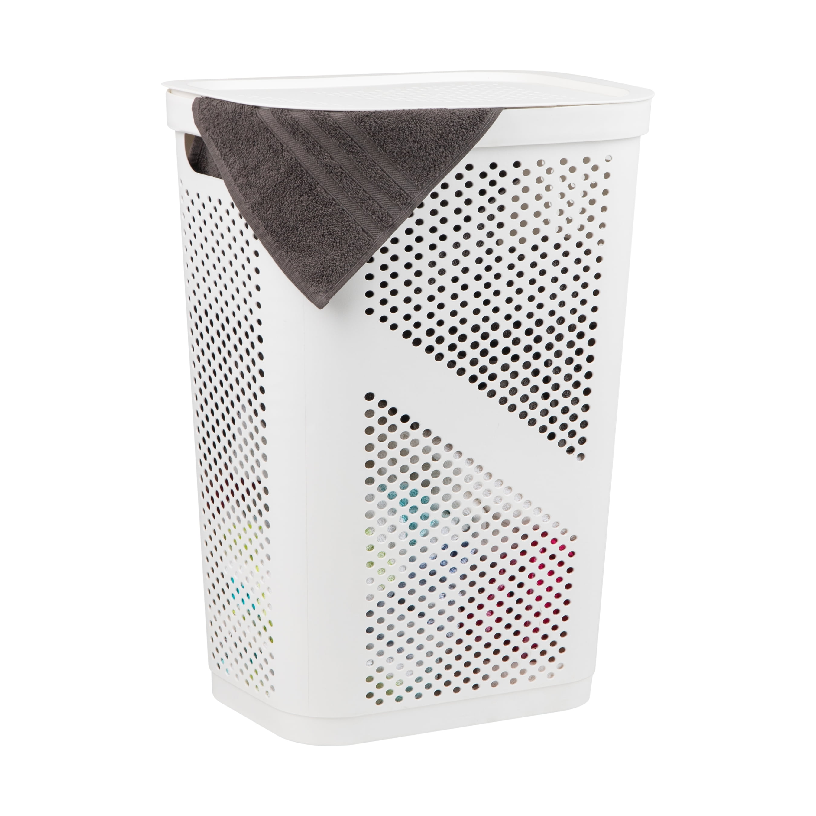 White Plastic Collapsible Upright Laundry Hamper with Lid