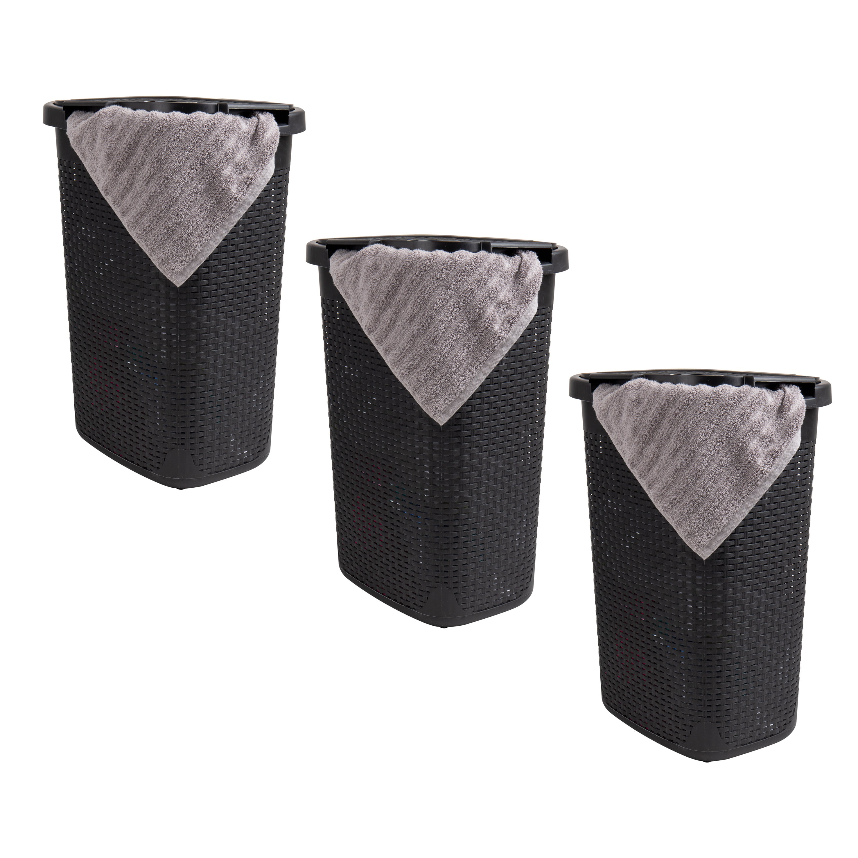 Mind Reader 60L Slim Laundry Hamper, Clothes Basket, Lid, Wicker Design, Plastic, 17.65"L x 13.75"W x 24.15"H, Set of 3, Black