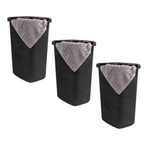 Mind Reader 60L Slim Laundry Hamper, Clothes Basket, Lid, Wicker Design, Plastic, 17.65"L x 13.75"W x 24.15"H, Set of 3, Black