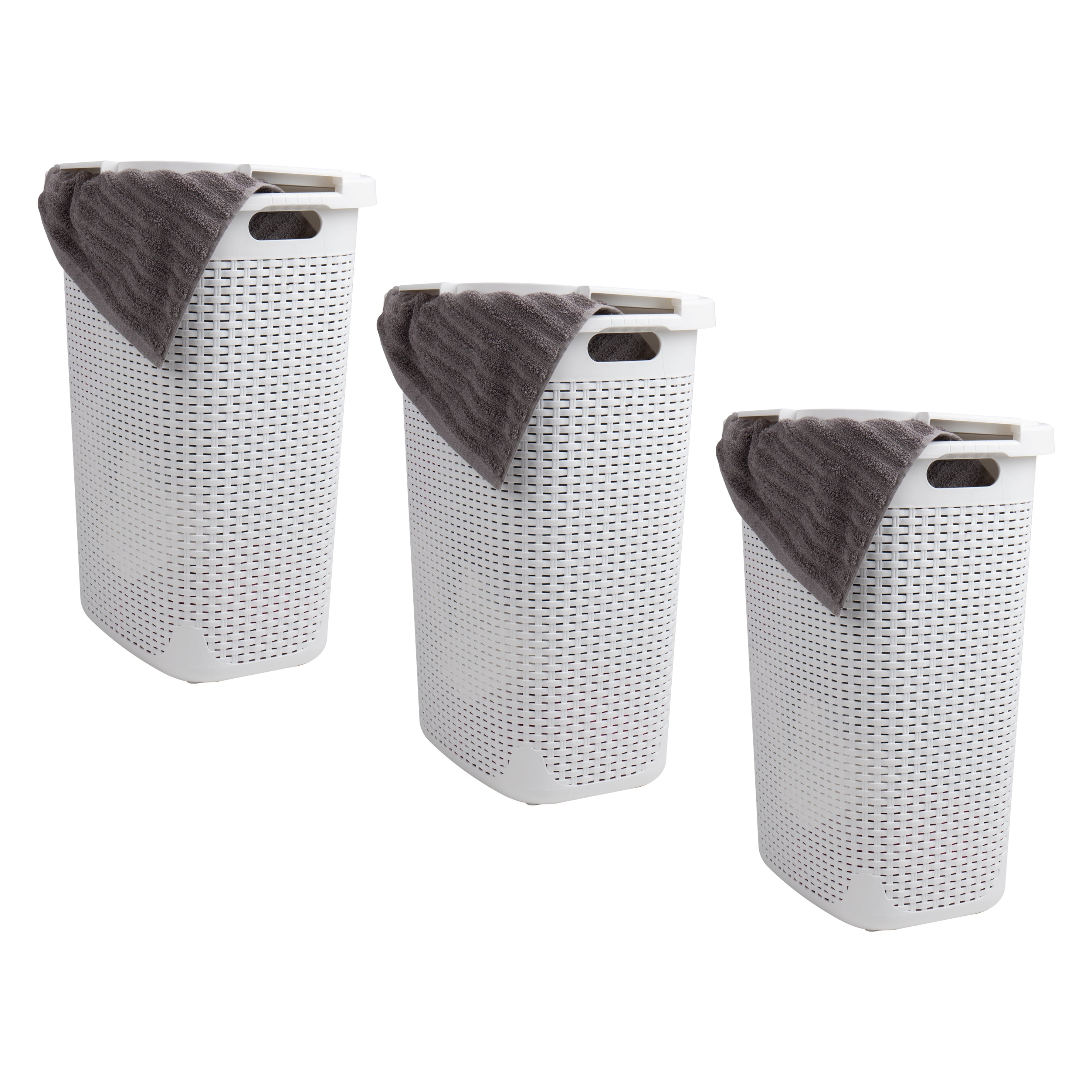 Mind Reader 60L Slim Laundry Hamper, Clothes Basket, Lid, Wicker Design, Plastic, 17.65"L x 13.75"W x 24.15"H, Set of 3, White