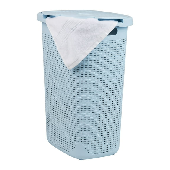 Mind Reader 60L Slim Laundry Hamper, Clothes Basket, Lid, Wicker Design, Plastic, Baby Blue