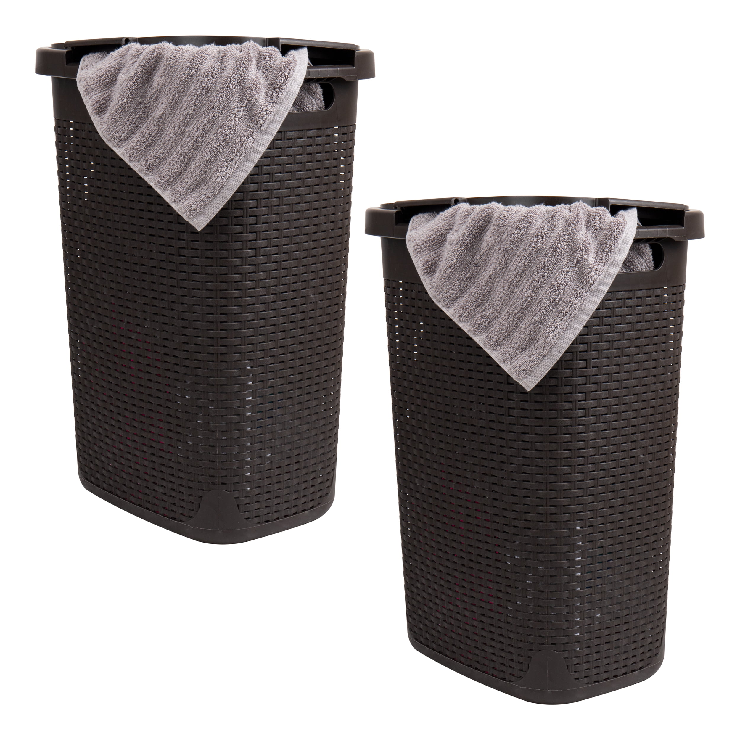 Mind Reader 60L Slim Laundry Hamper, Clothes Basket, Lid, Wicker Style, Plastic, 17.65"L x 13.75"W x 24.15"H, Set of 2, Brown