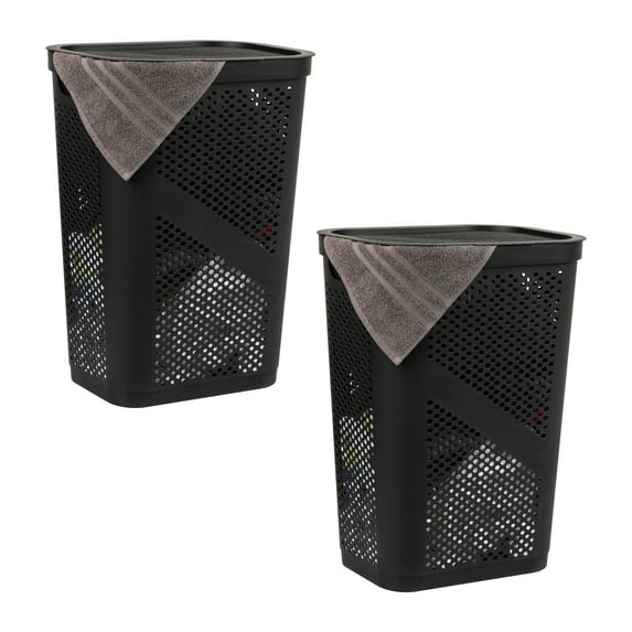 Mind Reader 60L Slim Laundry Hamper, Lid, Plastic, Adult, 17.25"L x 13.75"W x 23.5"H, 2-Pack, Black